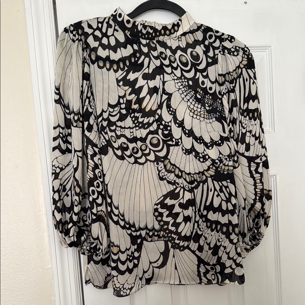 Ted Baker Black and White Pleated Blouse with Mandarin Collar
